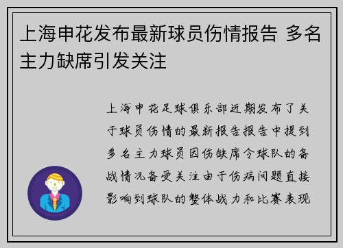 上海申花发布最新球员伤情报告 多名主力缺席引发关注